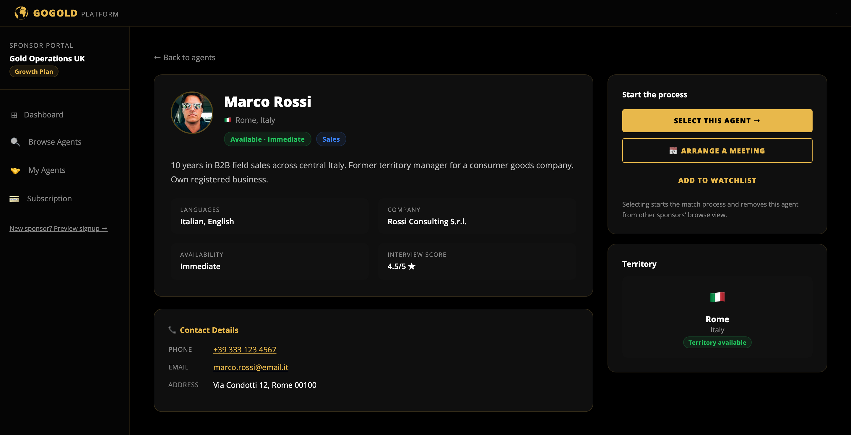 Full agent profile with verified background, interview score, and direct contact details