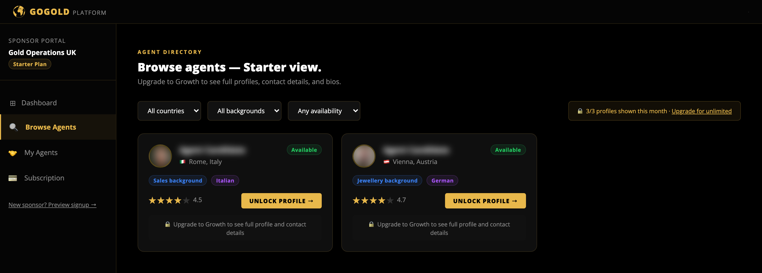 Starter tier agent browsing view with blurred names and photos