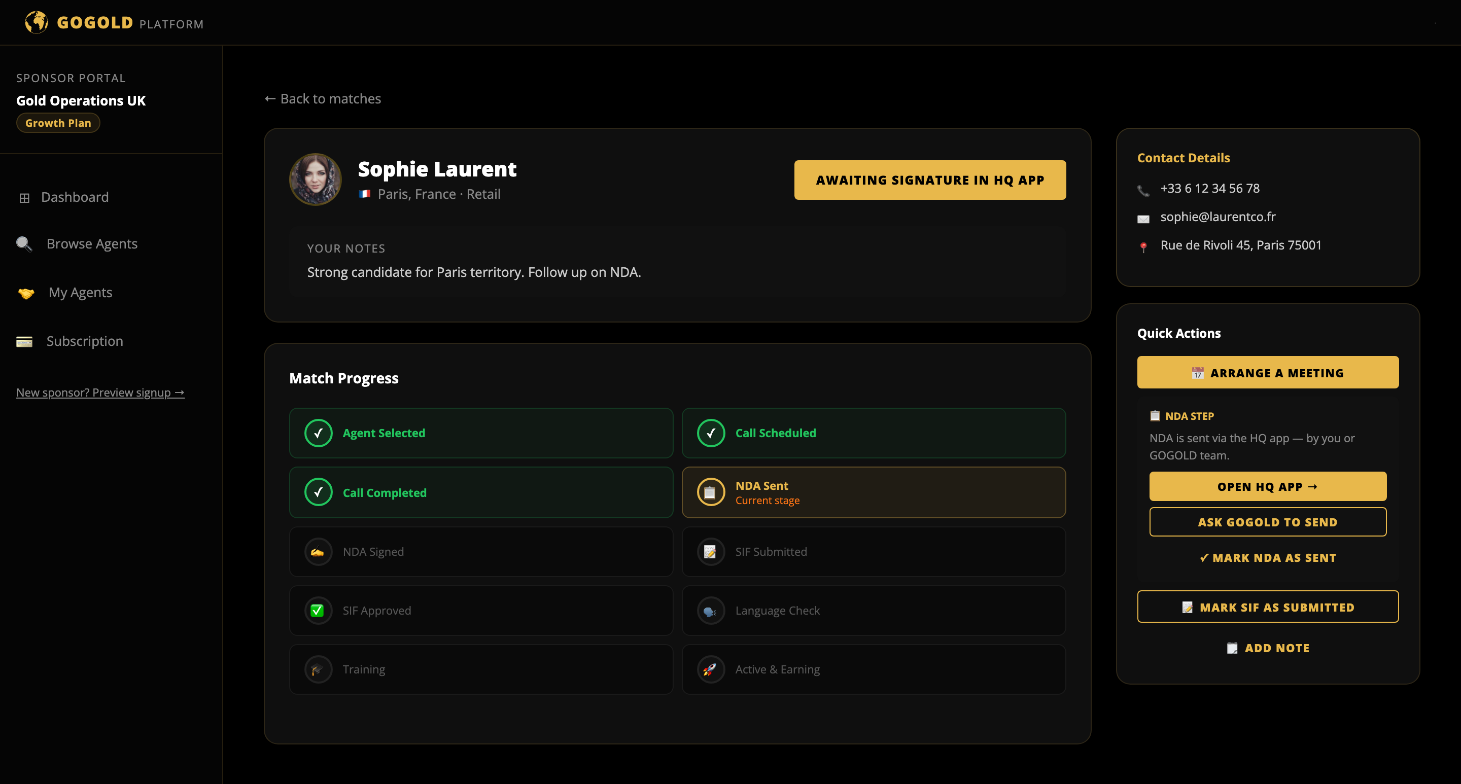 Match pipeline tracker showing every onboarding stage from selection to active and earning